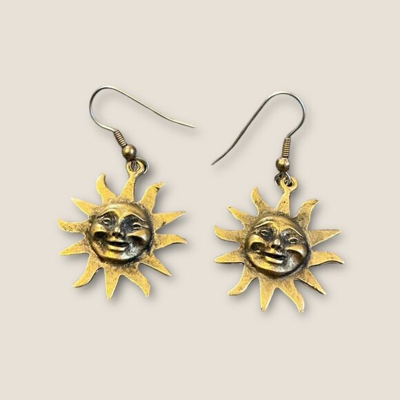 Sun Face Gold Tone Bohemian Dangle Earrings For Women - Picture 1 of 3